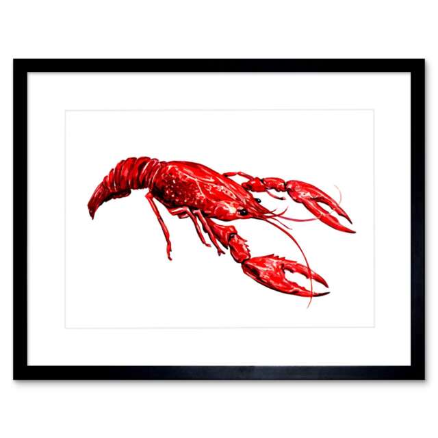"Bright Red Lobster Seafood Kitchen Painting 9x7"" Black Framed Wall Art Print"