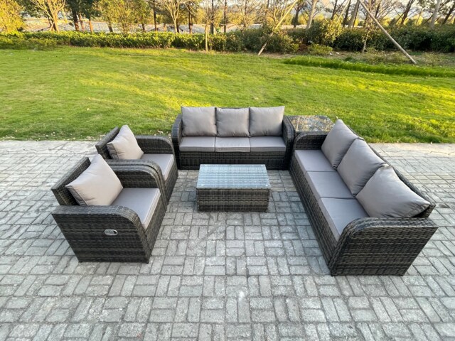 Fimous Rattan Outdoor Garden Furniture Sofa Set Patio Table & Chairs Set with 3 Seater Sofa Reclining Chair Side Table Dark Grey Mixed