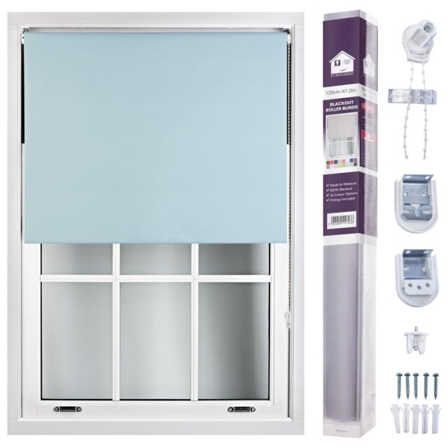 FURNISHED Made to Measure Blackout Blinds Easy Fit UV Protection Insulated Window Shade (W)120cm x (L)210cm Blue Duck Egg Blue (W) 120cm x (L) 210cm
