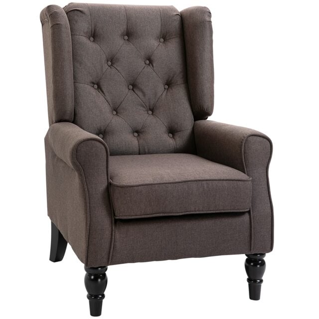 HOMCOM Retro Accent Chair, Snow Flannel Wingback Armchair with Wood Frame Button Tufted Design for Living Room Bedroom, Brown