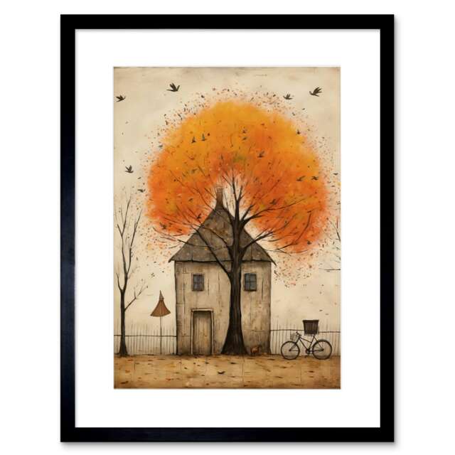 "Country House Autumn Tree Orange Brown Bicycle Rural Life 9x7"" Black Framed Wall Art Print"