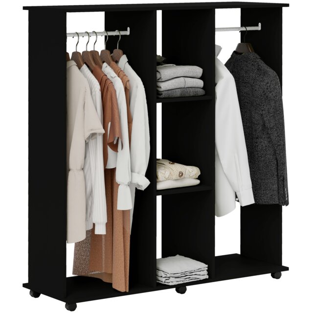 HOMCOM Double Open Wardrobe on Wheels, Bedroom Wardrobe with Clothes Hanging Rails, 3 Storage Shelves, Mobile Garment Rack for Cloakroom, Hallway, Black