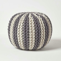 Homescapes Off White and Grey Knitted Pouffe Striped Footstool - 35 x 40 cm