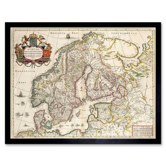 "Map Antique Scandinavia Norway Sweden Finland 12x16"" Framed Wall Art Print"
