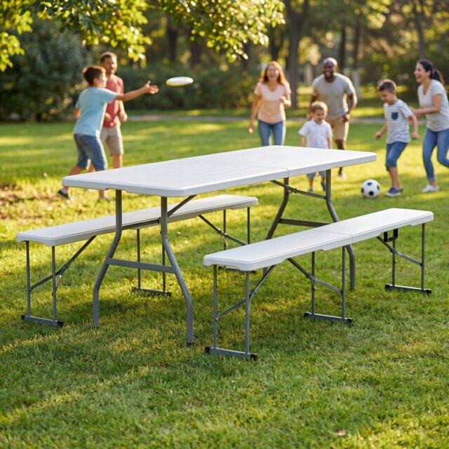 Home Vida 6ft Indoor Outdoor Folding Table with Set of 2 Folding Benches Easy Storage - White