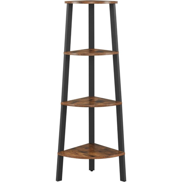 4-Tier Corner Ladder Shelf Bookcase, Plant Stand Storage Rack, Rustic Brown and Black
