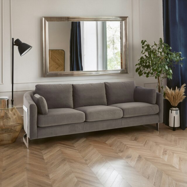 Luxe 3 Seater Grey Velvet Sofa,Lounge Couch With Scatter Cushions,Sofa Seat With Slim Armrests,Velvet Couch Grey Three Seater