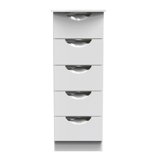 Holborn 5 Drawer Tall Bedside Cabinet in White Gloss & White (Ready Assembled) White White Gloss & White
