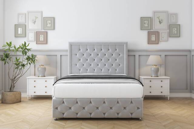 "Sloomy Vienna Silver Plush Divan Bed With Mattress 2 Drawers Left Side With 26"" Strutted Headboard & 12"" Matching Footboard 2'6 Small Single Silver Silver Small Single 1"