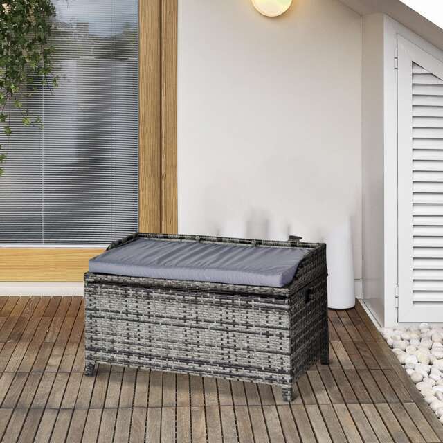 Outsunny PE Rattan Outdoor Storage Bench, Aluminium Garden Bench with Storage Underneath with Zipped Inner Lining, Rods for Deck, Mixed Grey