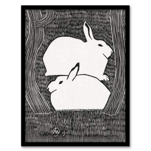 "Two Stylised Snow Hares Samuel J De Mesquita Framed Wall Art Print 12X16"""