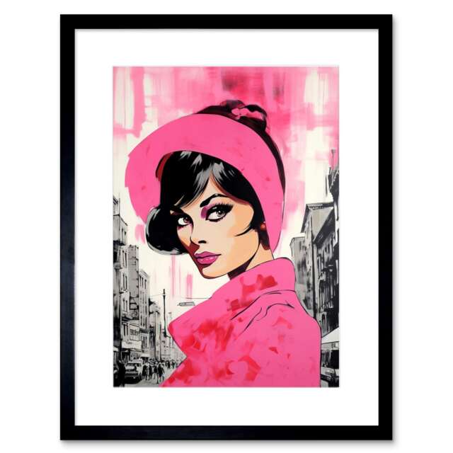 "Vintage Model Downtown Street Retro Pink 9x7"" Black Framed Wall Art Print"