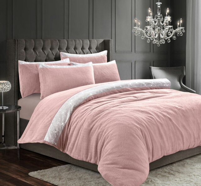 Velosso Beaux Shimmer Teddy Fluffy and Warm Fleece Duvet Cover Set Pink Pink Single