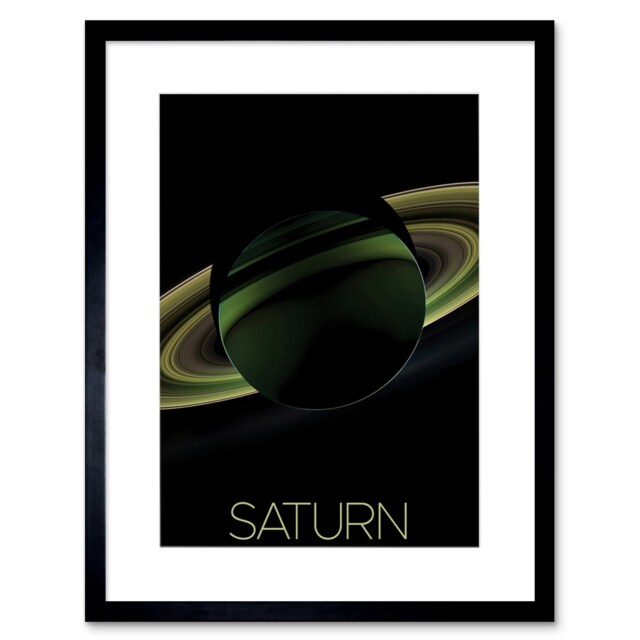 "NASA Our Solar System Saturn Planet Shadow View Cassini 9x7"" Black Framed Wall Art Print"