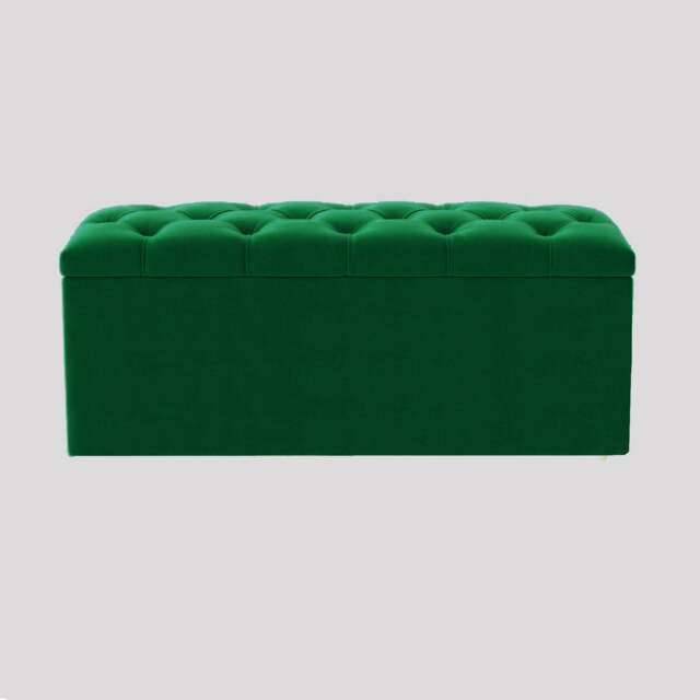 90cm Luna Chesterfield Ottoman Storage Box - Forest Green Plush Velvet Upholstered Blanket Box