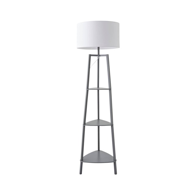 ValueLights Hiru Grey 3 Tier Shelf Floor Lamp White Shade White