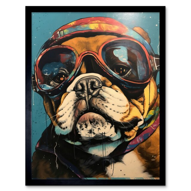 "Bulldog Retro Motorcycle Goggles and Helmet 12x16"" Framed Wall Art Print"