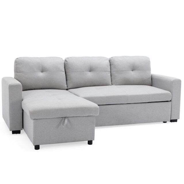 Newport Fabric Corner 3 Seater Sofa Bed w Storage Left or Right Side (Light Grey)