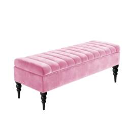 150cm Sierra Striped Ottoman Storage Bench with Black Turned Wooden Legs - Pink Plush Velvet Upholstered Shoes Bench