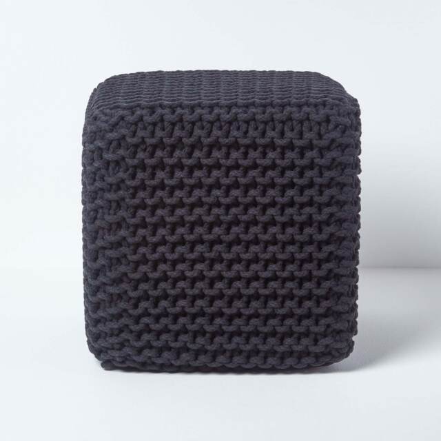 Homescapes Black Cube Cotton Knitted Pouffe Footstool Black 35 x 35 x 35 cm
