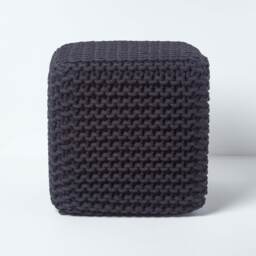 Homescapes Black Cube Cotton Knitted Pouffe Footstool Black 35 x 35 x 35 cm