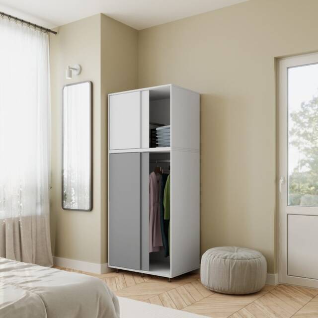 180cm 4 Sliding Doors Wardrobe Bedroom Storage Closet Hanging Rail Cupboard Unit Multi White with Grey Doors 1