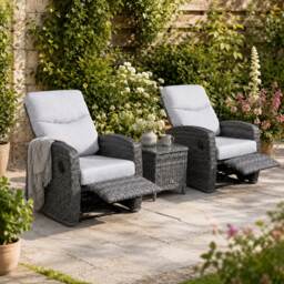 Verona 2 Seater Rattan Reclining Garden Bistro Set with 2 Armchairs, Glass Side Table & Dark Grey Cushions