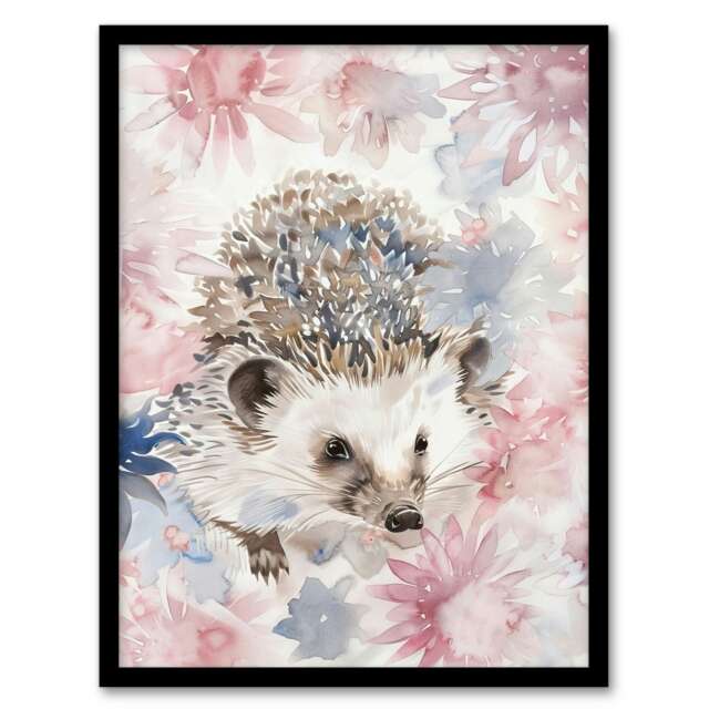 Watercolour Flowers Pink Pastel Hegehog Black Framed Wall Art Print A4