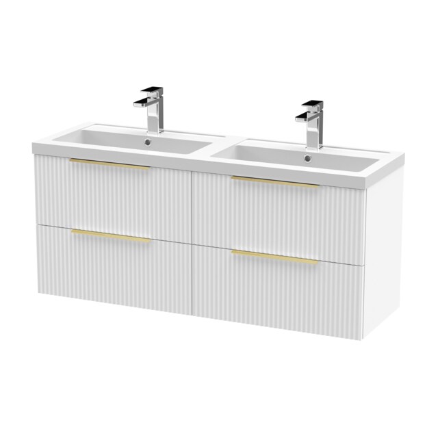Balterley Fluted Front Wall Hung 4-Drawer Bathroom Vanity Unit with Double Basin, Handles White Satin White