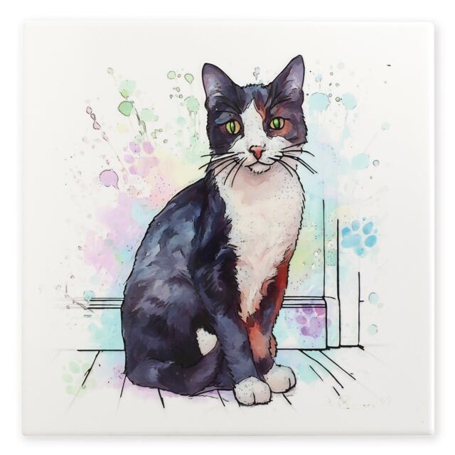 Ceramic Cat Tile Black & White Cat Artwork Wall Decor 20 x 20cm