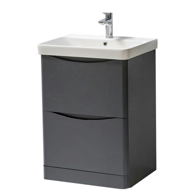 Bathroom Floor Standing 2-Drawer Vanity Unit with Basin 600mm Wide - Matt Graphite - (Arch) - Brassware Not Included Grey Grey 1