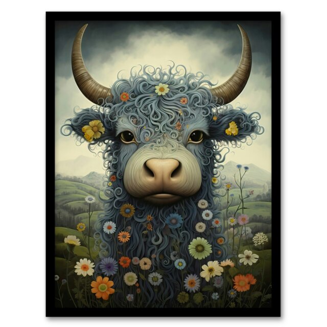 Blue Highland Cow Wildflower Meadow Fun Girls Bedroom Black Framed Wall Art Print A4