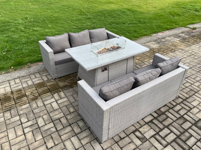 Fimous Outdoor Garden Dining Sets Rattan Furniture Gas Fire Pit Dining Table Gas Heater Light Grey