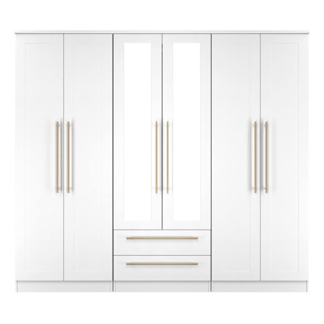 Helmsley Tall 6 Door 2 Drawer Twin Mirror Wardrobe in White Ash (Ready Assembled) White White Ash