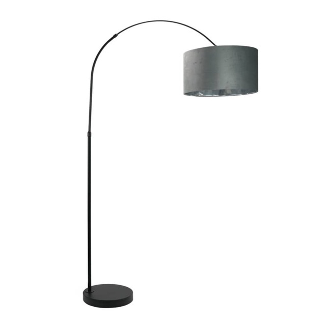 ValueLights Louis Black Arched Floor Lamp Grey Velvet and Chrome Shade and Bulb