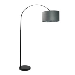 ValueLights Louis Black Arched Floor Lamp Grey Velvet and Chrome Shade and Bulb