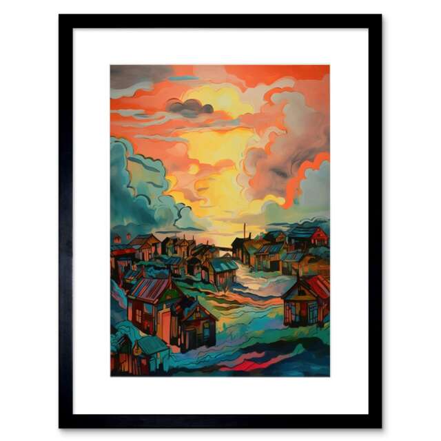 "Storm Brewing Norwegian Fishing Village Cabins 9x7"" Black Framed Wall Art Print"
