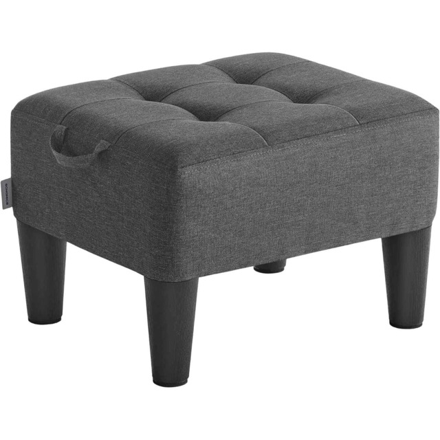 Linen-Look Ottoman Footstool with Thick Cushioned Seat, Upholstered Stool, Slate Grey and Ink Black