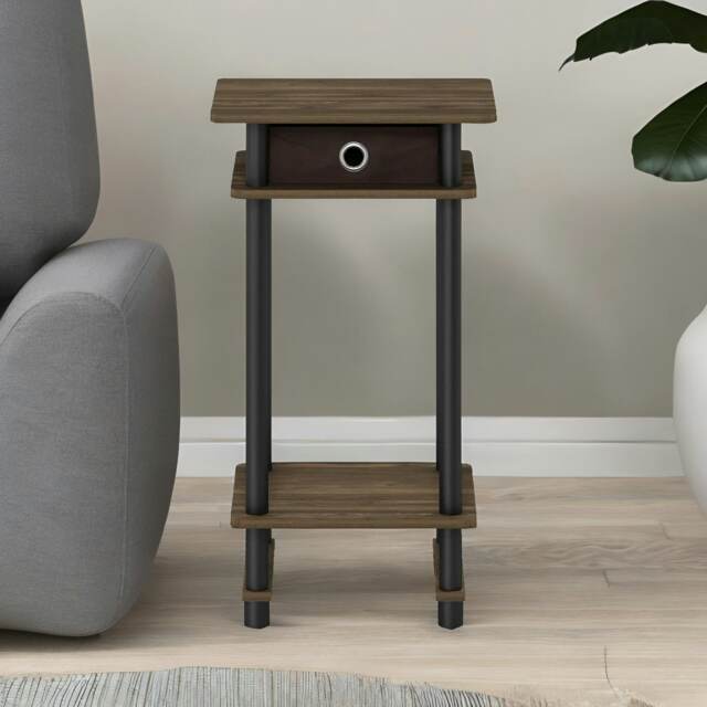 Industrial Rustic Side Table With Fabric Drawer Brown