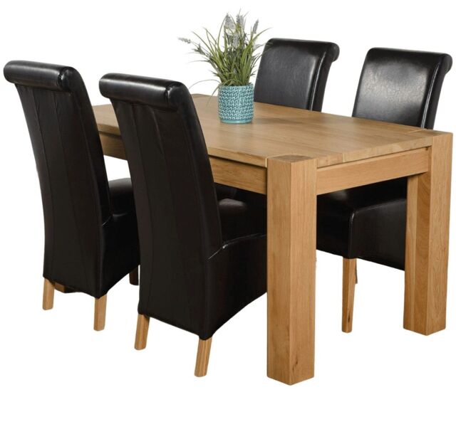 Kuba 150 x 85cm Chunky Medium Oak Dining Table and 4 Montana Leather Chairs Black Black