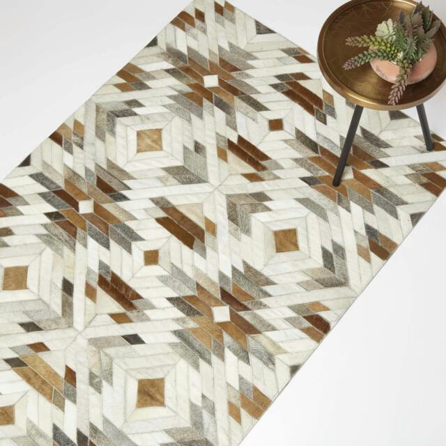 Homescapes Cream and Brown Geometric Leather Rug - 90 x 150 cm Brown Brown, Cream
