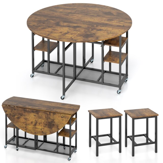 COSTWAY 3-Piece Folding Dining Table Set Round Kitchen Table Set-Brown