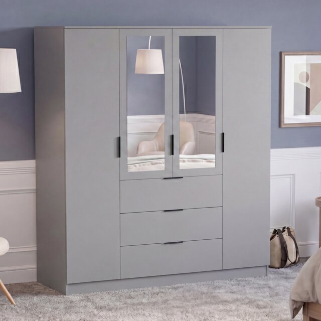 Vida Designs Trega 4 Door 3 Drawer X-Large Mirrored Wardrobe Storage Cabinet with Hanging Clothes Rails - Grey