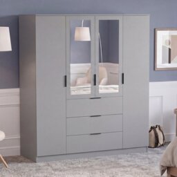 Vida Designs Trega 4 Door 3 Drawer X-Large Mirrored Wardrobe Storage Cabinet with Hanging Clothes Rails - Grey
