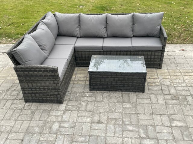 Fimous Rattan Lounge Corner Sofa Set Wicker PE Outdoor Garden Furniture Set with Rectangular Coffee Table Dark Grey Mixed