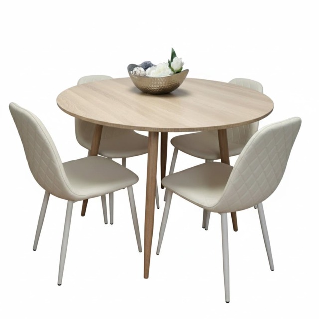 Modern Round Dining Table With 4 Cream Faux Leather Chairs Kitchen Furniture Set