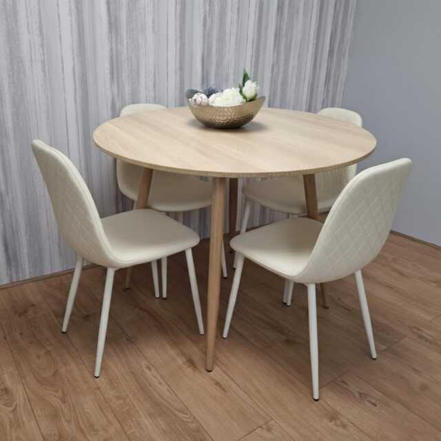 Modern Round Dining Table With 4 Cream Faux Leather Chairs Kitchen Furniture Set