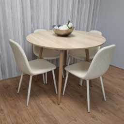 Modern Round Dining Table With 4 Cream Faux Leather Chairs Kitchen Furniture Set