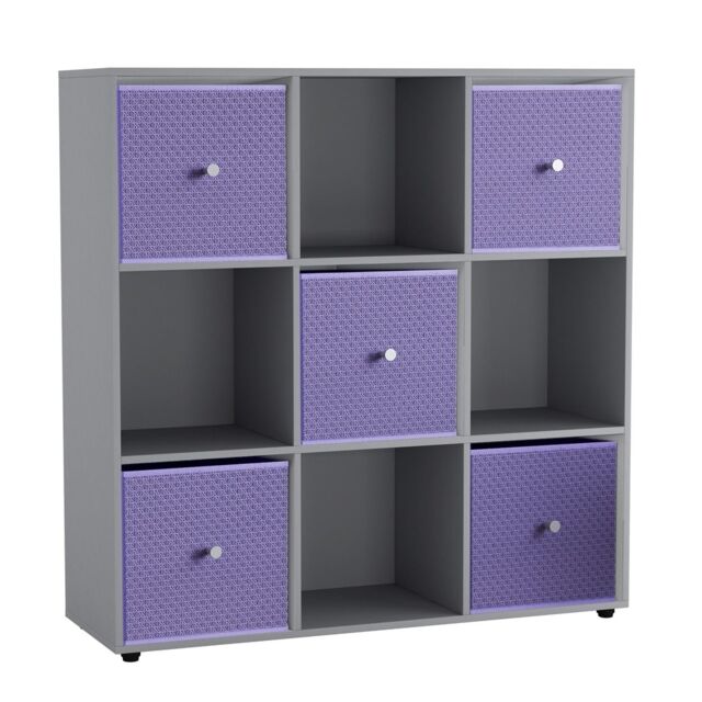 9 Cube Wooden Bookcase Shelving Unit with 5 Collapsible Fabric Drawers Multi Grey & Lilac 1