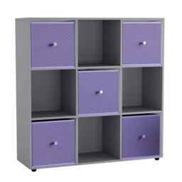 9 Cube Wooden Bookcase Shelving Unit with 5 Collapsible Fabric Drawers Multi Grey & Lilac 1